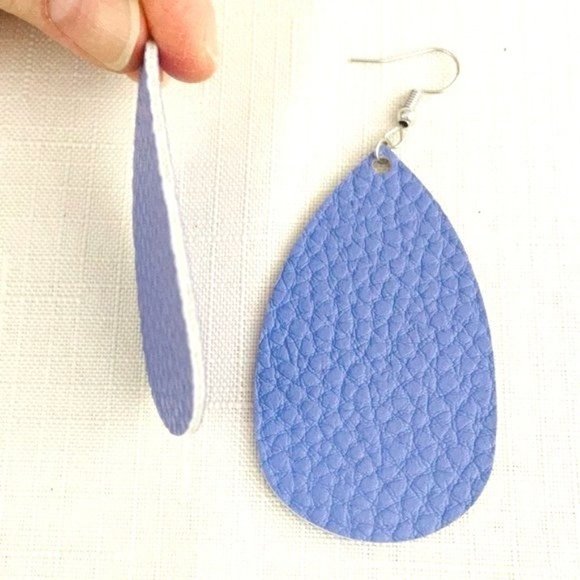 Teardrop Faux Leather Earrings in Sky Blue Lightweight New Textured - Picture 4 of 6